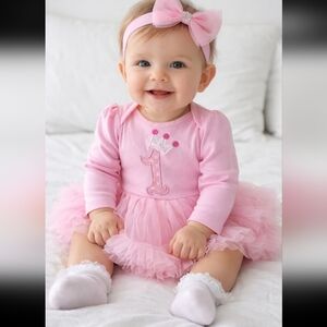 First Birthday Baby Girls Outfit Pink Long Sleeve Tulle Applique Romper Dress